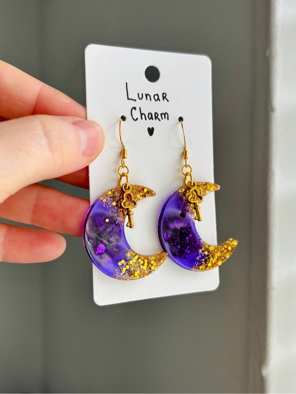 Lunar Charm Moon Resin Earrings Handmade Purple Gold Glitter